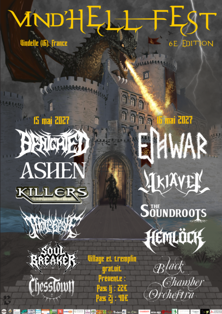 Affiche officielle du festival Vind'Hell Fest se déroulant le 15 et 16 mai 2027 à Vindelle, près d'Angoulême en Charente